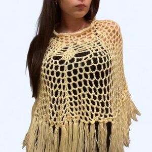 Handmade Yellow Crochet Butterfly Fringe Poncho
